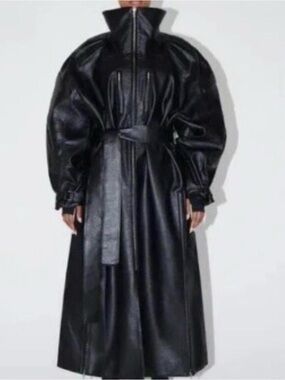 Khy Black Faux Leather Trench Coat with High Collar and Belt🖤